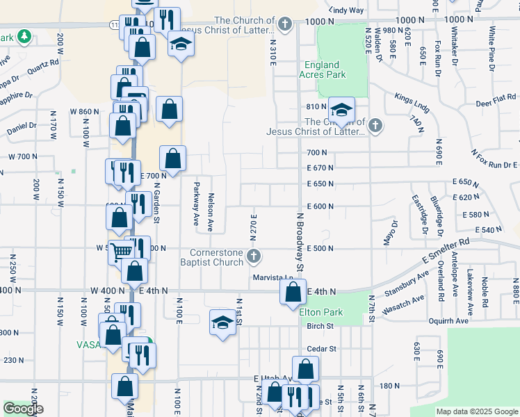 map of restaurants, bars, coffee shops, grocery stores, and more near 586 North 270 East in Tooele