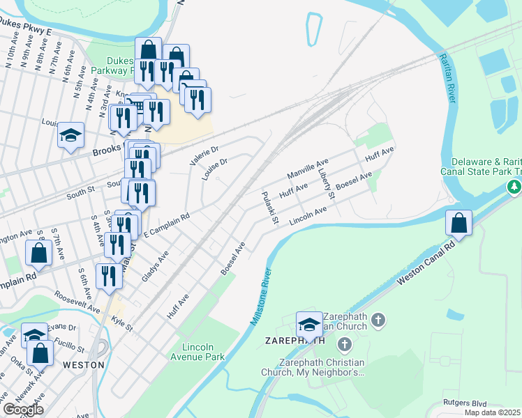 map of restaurants, bars, coffee shops, grocery stores, and more near 635 Boesel Avenue in Manville