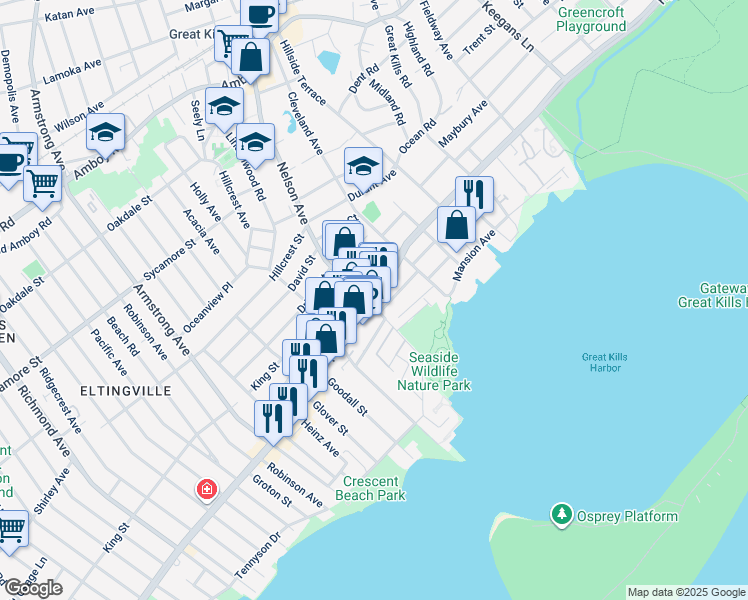 map of restaurants, bars, coffee shops, grocery stores, and more near 325 Nelson Avenue in Staten Island