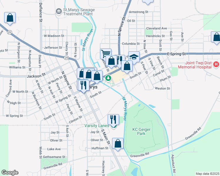 map of restaurants, bars, coffee shops, grocery stores, and more near 101 West South Street in Saint Marys
