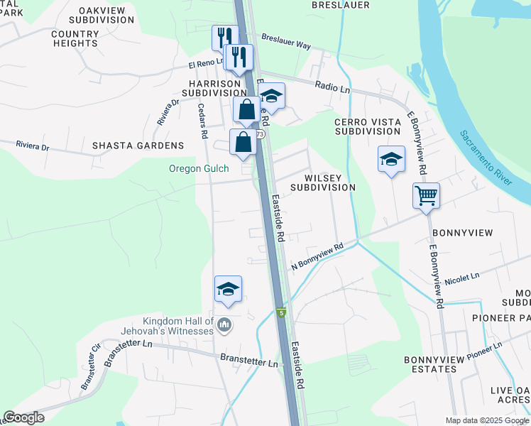 map of restaurants, bars, coffee shops, grocery stores, and more near South Market Street in Redding
