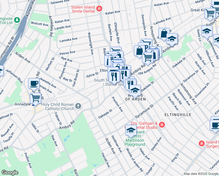 map of restaurants, bars, coffee shops, grocery stores, and more near 41 Waimer Place in Staten Island