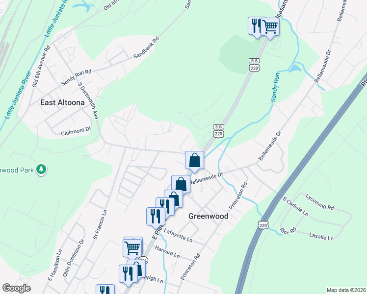 map of restaurants, bars, coffee shops, grocery stores, and more near 507-521 S Dartmouth Ave in Altoona