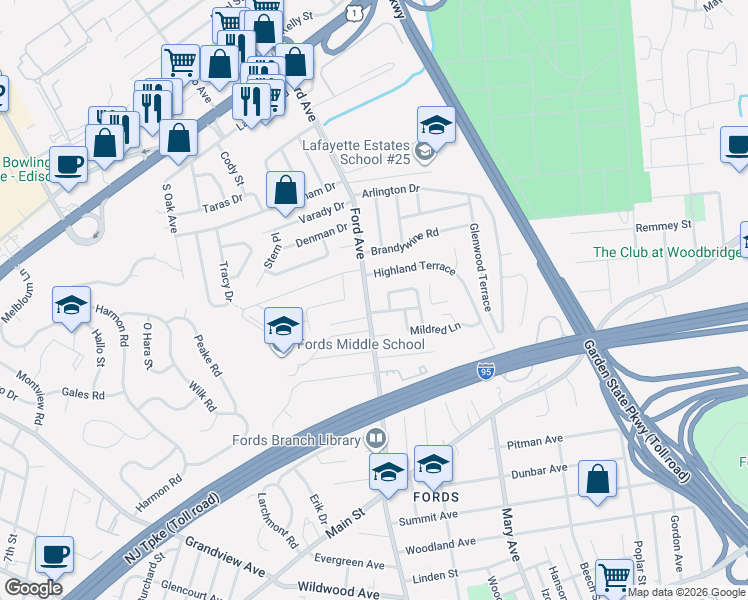 map of restaurants, bars, coffee shops, grocery stores, and more near 382 Ford Avenue in Woodbridge Township