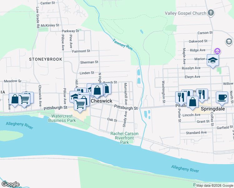 map of restaurants, bars, coffee shops, grocery stores, and more near 115 North Atlantic Avenue in Cheswick