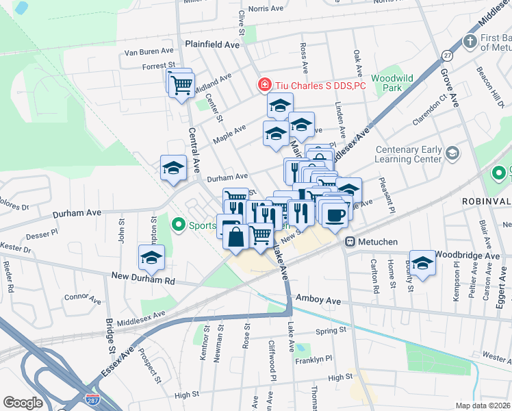 map of restaurants, bars, coffee shops, grocery stores, and more near 594 Middlesex Avenue in Metuchen