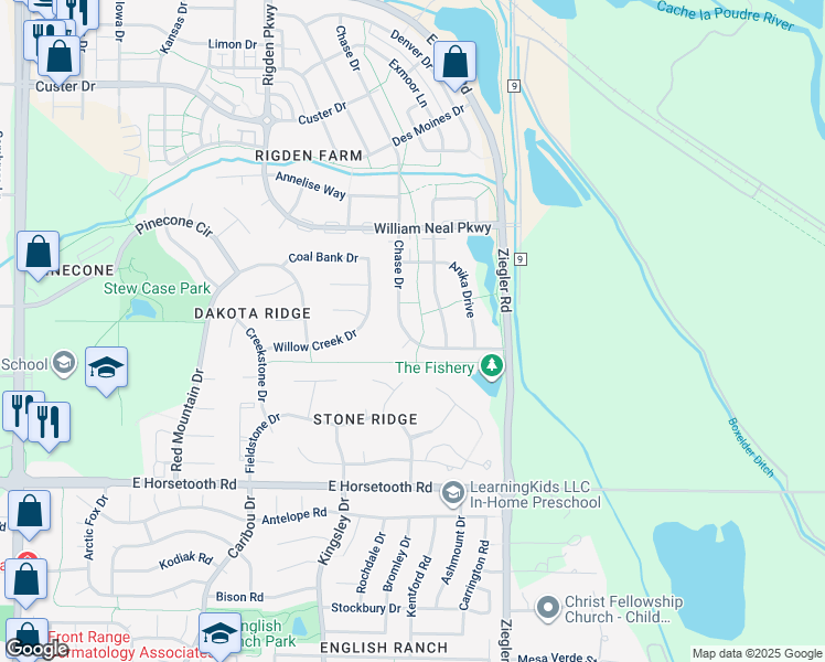 map of restaurants, bars, coffee shops, grocery stores, and more near 3232 Chase Drive in Fort Collins