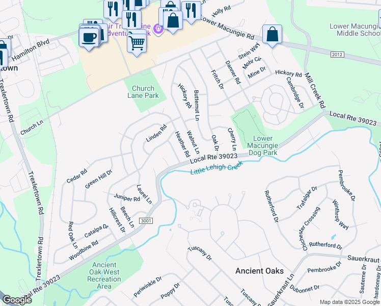 map of restaurants, bars, coffee shops, grocery stores, and more near 7021 Heather Road in Macungie