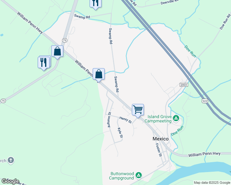 map of restaurants, bars, coffee shops, grocery stores, and more near 47 Swamp Road in Mifflintown