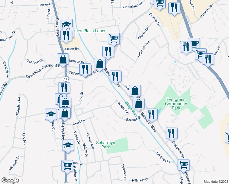 map of restaurants, bars, coffee shops, grocery stores, and more near 505 Neola Drive in Pittsburgh