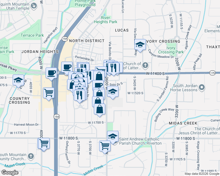 map of restaurants, bars, coffee shops, grocery stores, and more near 11545 3600 West in South Jordan