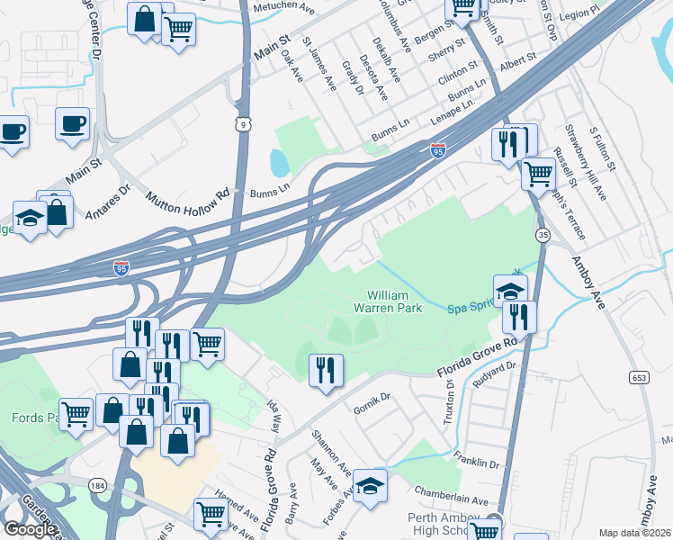 map of restaurants, bars, coffee shops, grocery stores, and more near 901 Cricket Lane in Woodbridge Township