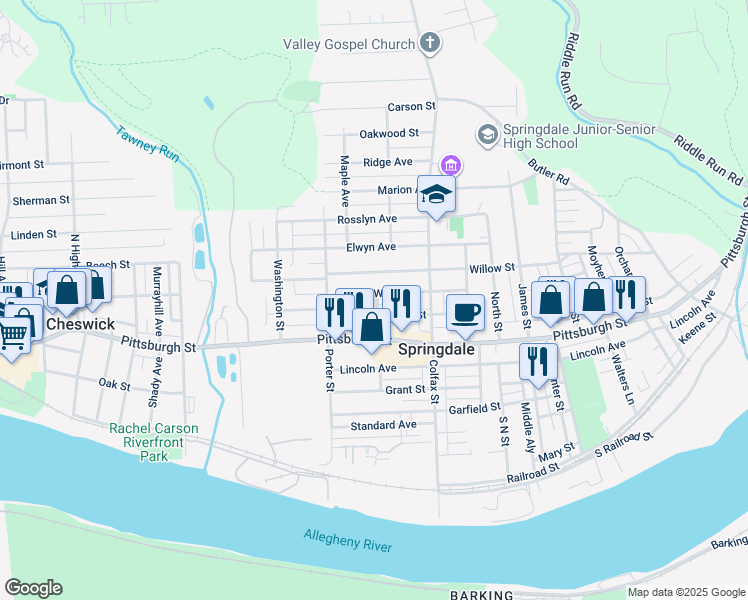 map of restaurants, bars, coffee shops, grocery stores, and more near 499 Chestnut Street in Springdale