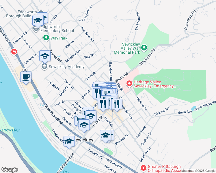 map of restaurants, bars, coffee shops, grocery stores, and more near 526 Blackburn Road in Sewickley
