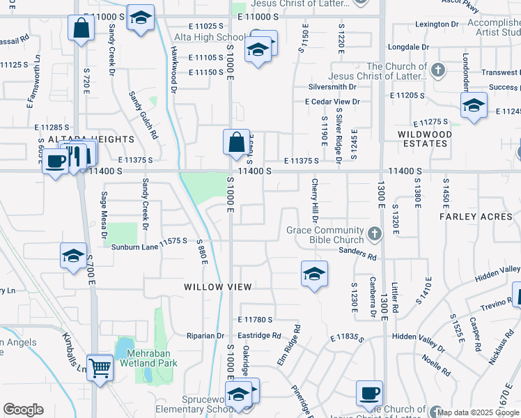 map of restaurants, bars, coffee shops, grocery stores, and more near 11488 South Black Forest Drive in Sandy