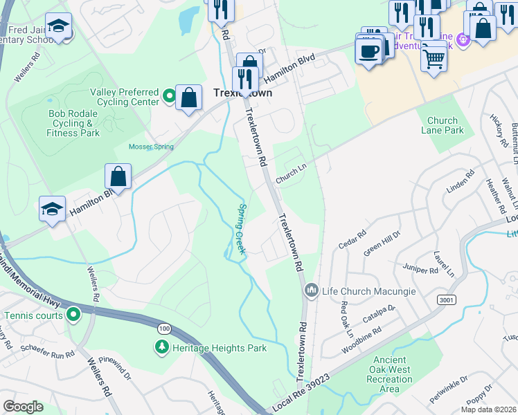 map of restaurants, bars, coffee shops, grocery stores, and more near 1344 Trexlertown Road in Macungie