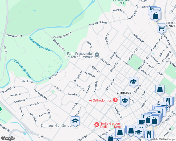 map of restaurants, bars, coffee shops, grocery stores, and more near 326 Iroquois Street in Emmaus