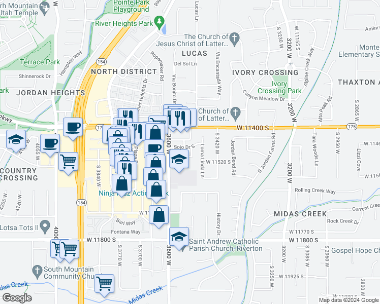 map of restaurants, bars, coffee shops, grocery stores, and more near 11484 South Alta Loma Lane in South Jordan