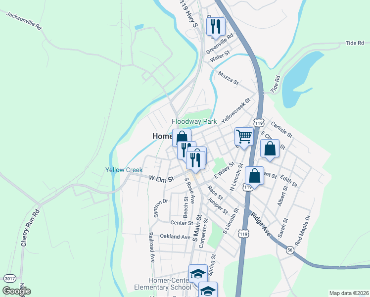 map of restaurants, bars, coffee shops, grocery stores, and more near 12 North Main Street in Homer City