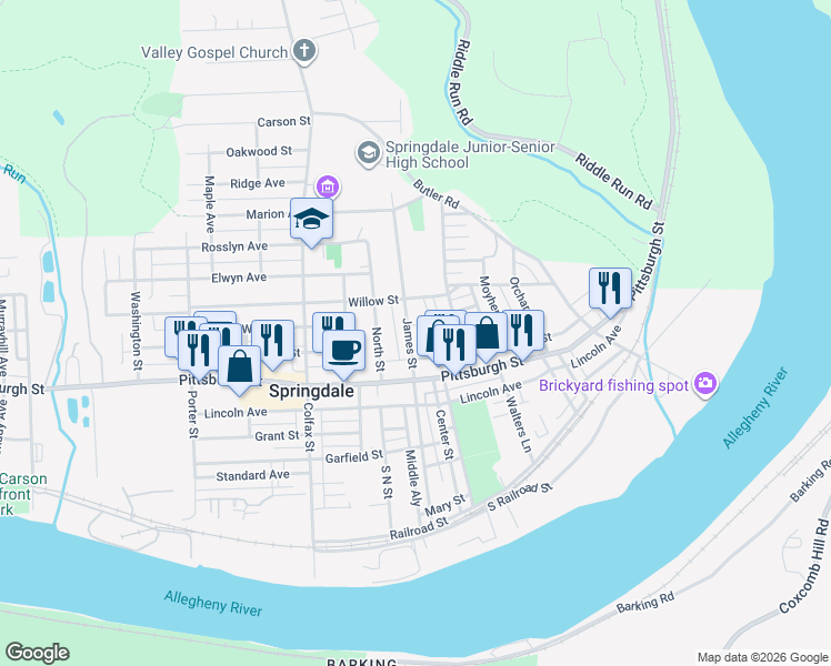 map of restaurants, bars, coffee shops, grocery stores, and more near 329 James Street in Springdale