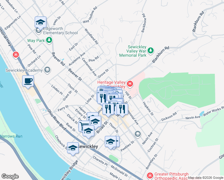 map of restaurants, bars, coffee shops, grocery stores, and more near 341 Centennial Avenue in Sewickley