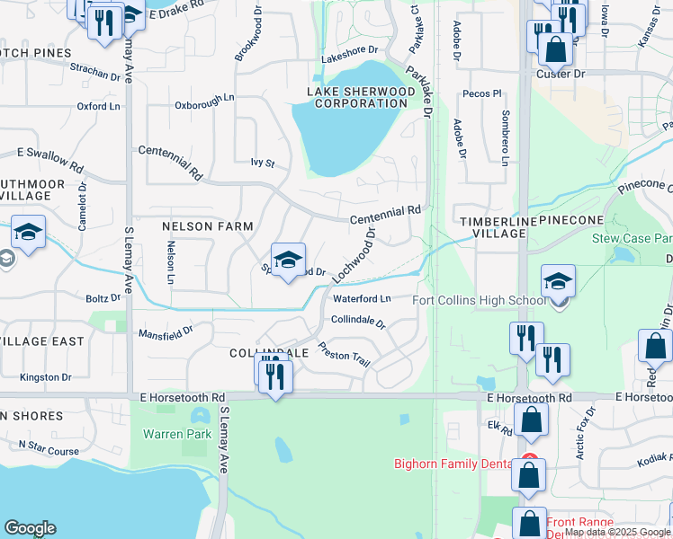 map of restaurants, bars, coffee shops, grocery stores, and more near 1612 Waterford Lane in Fort Collins