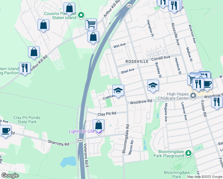 map of restaurants, bars, coffee shops, grocery stores, and more near 109 Harris Lane in Staten Island