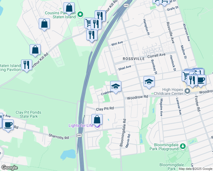map of restaurants, bars, coffee shops, grocery stores, and more near 109 Harris Lane in Staten Island