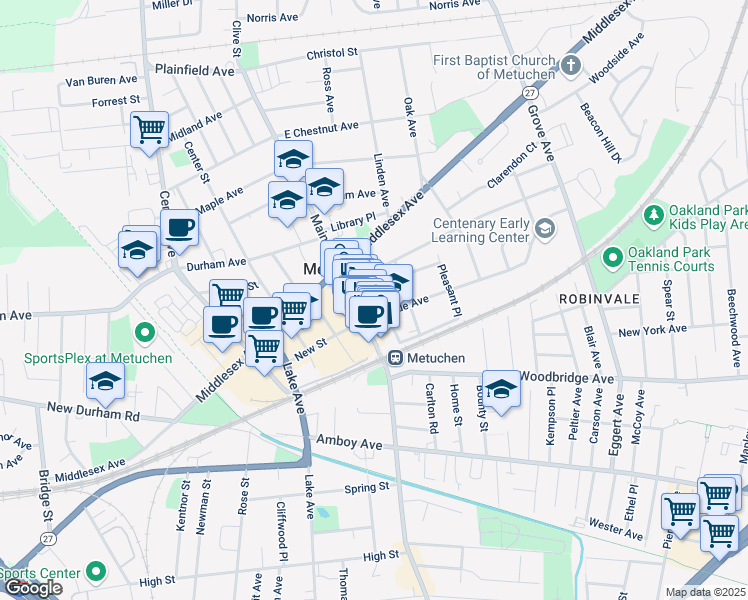 map of restaurants, bars, coffee shops, grocery stores, and more near 10 Hillside Avenue in Metuchen
