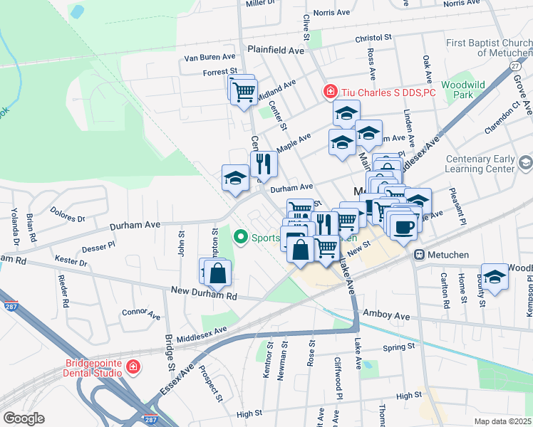 map of restaurants, bars, coffee shops, grocery stores, and more near 27 Central Square Park in Metuchen