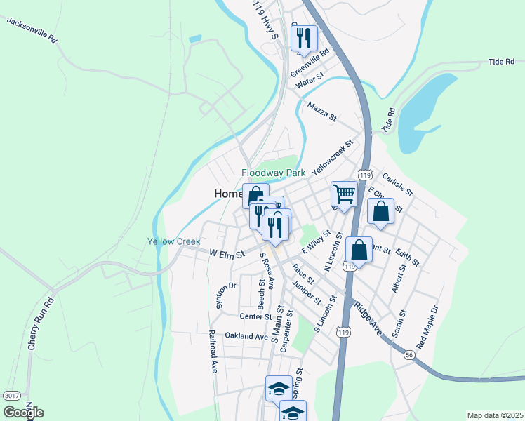 map of restaurants, bars, coffee shops, grocery stores, and more near 12 South Main Street in Homer City