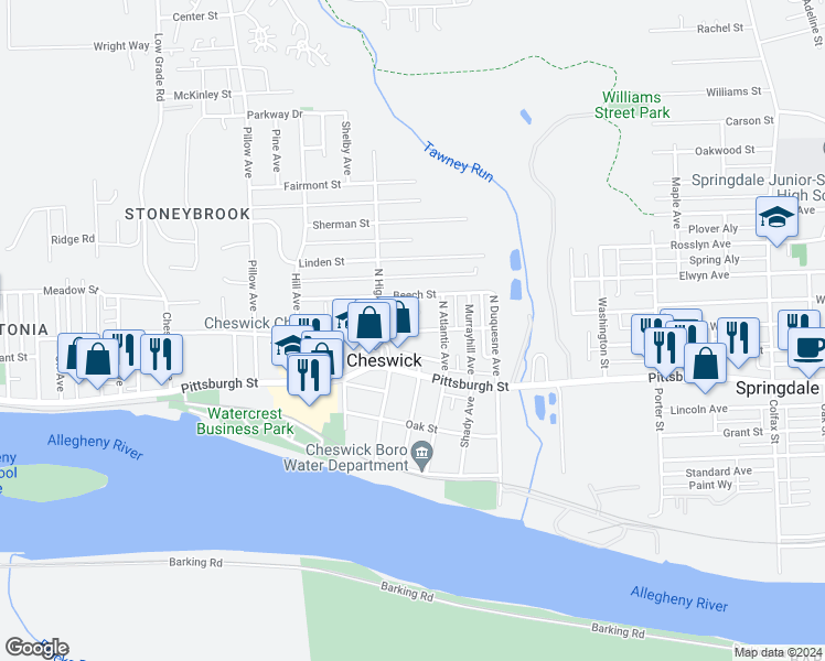 map of restaurants, bars, coffee shops, grocery stores, and more near in Cheswick