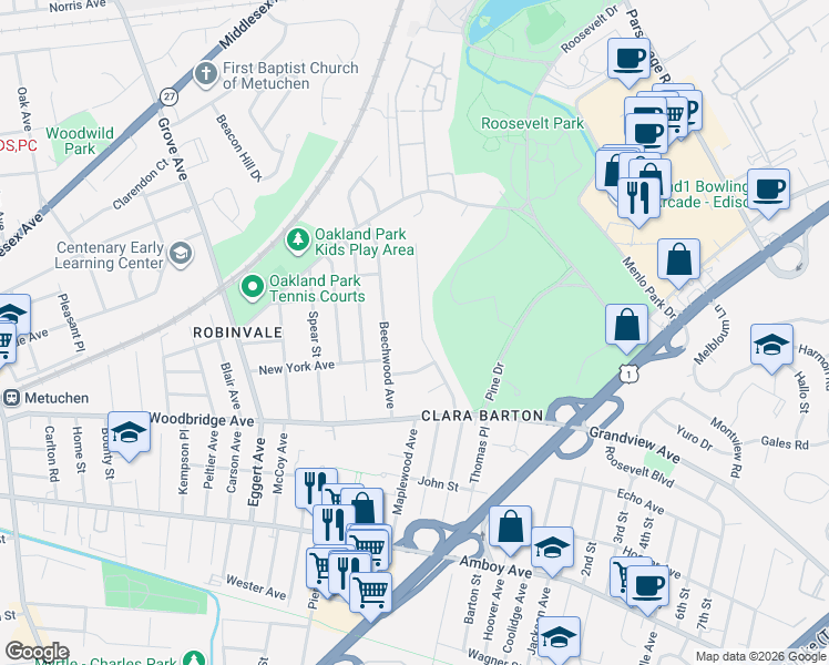 map of restaurants, bars, coffee shops, grocery stores, and more near 27 Eileen Way in Edison