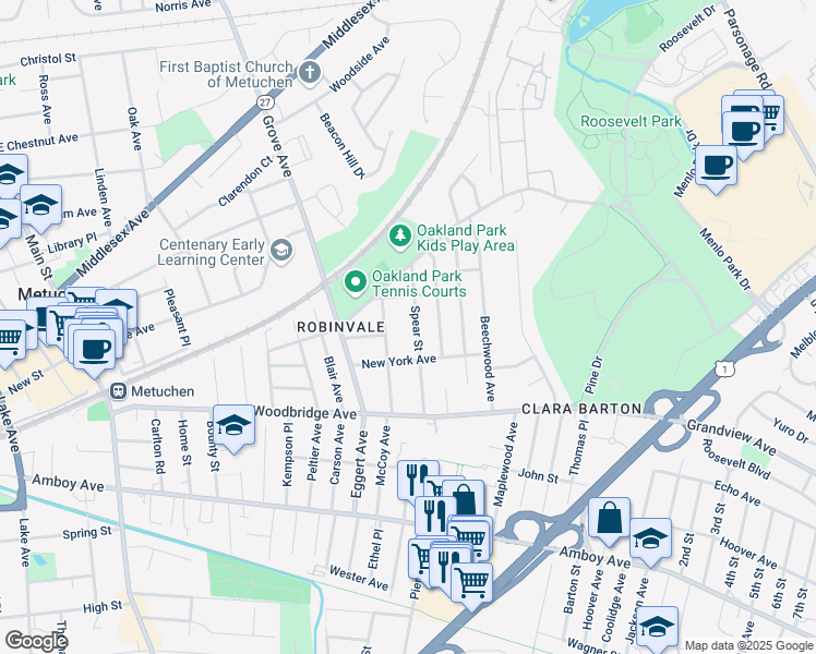 map of restaurants, bars, coffee shops, grocery stores, and more near 52 New York Avenue in Metuchen