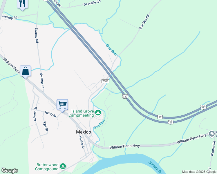 map of restaurants, bars, coffee shops, grocery stores, and more near 503 T-382 in Mifflintown