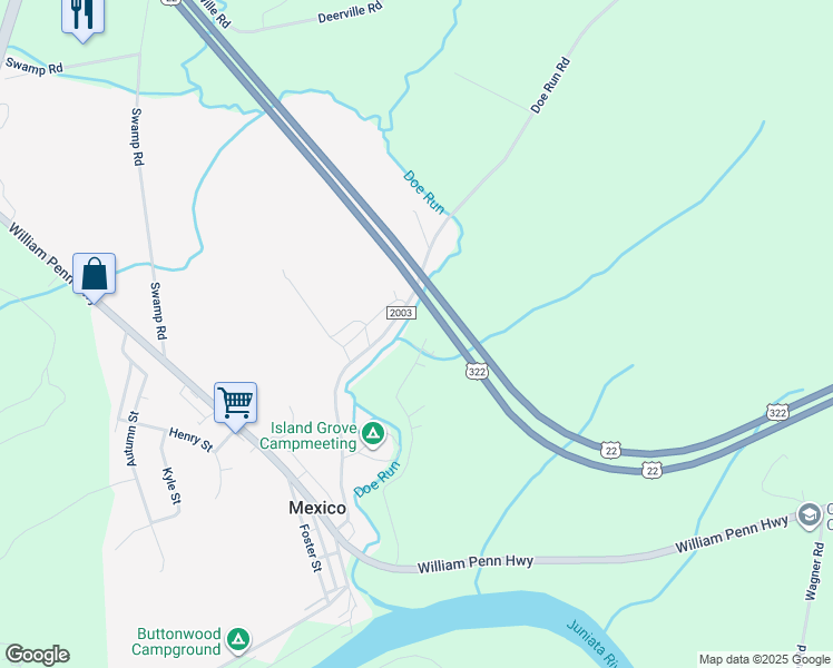 map of restaurants, bars, coffee shops, grocery stores, and more near 503 T-382 in Mifflintown