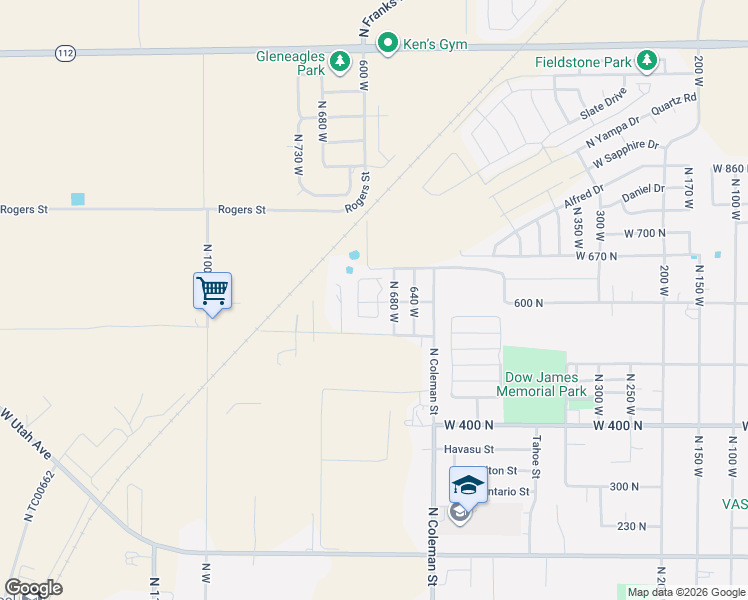 map of restaurants, bars, coffee shops, grocery stores, and more near 601 Shay Lane in Tooele