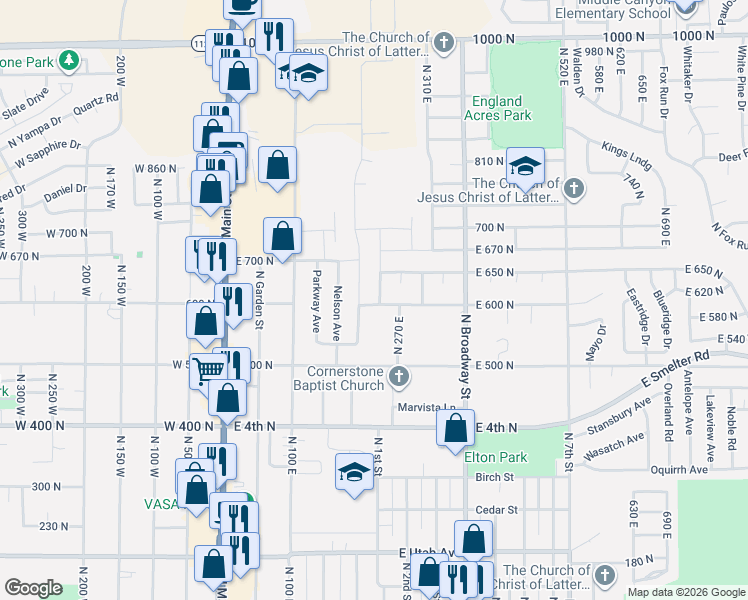 map of restaurants, bars, coffee shops, grocery stores, and more near 245 East 600 North in Tooele