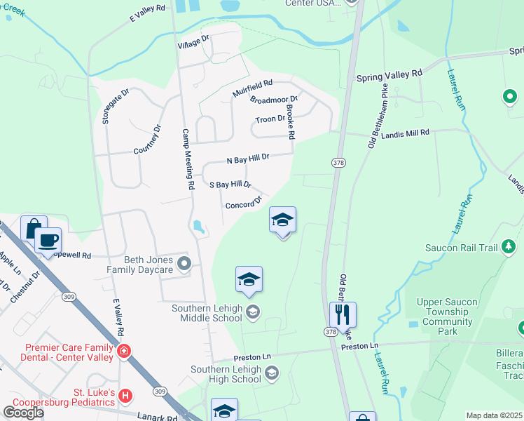 map of restaurants, bars, coffee shops, grocery stores, and more near 3380 Concord Drive in Lehigh County
