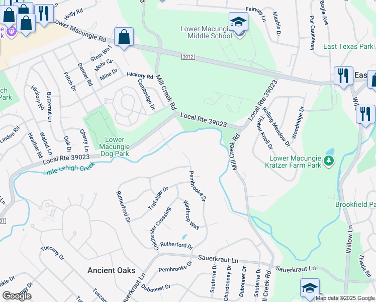 map of restaurants, bars, coffee shops, grocery stores, and more near 1779 Pembrooke Drive in Macungie