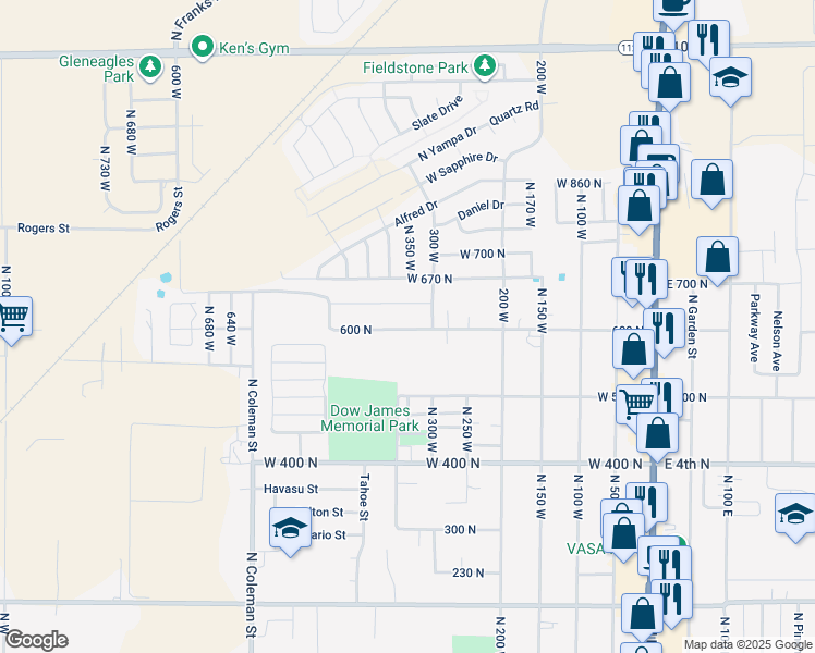 map of restaurants, bars, coffee shops, grocery stores, and more near 352 West 600 North in Tooele