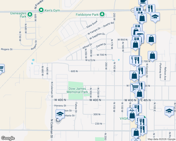 map of restaurants, bars, coffee shops, grocery stores, and more near 332 West 600 North in Tooele