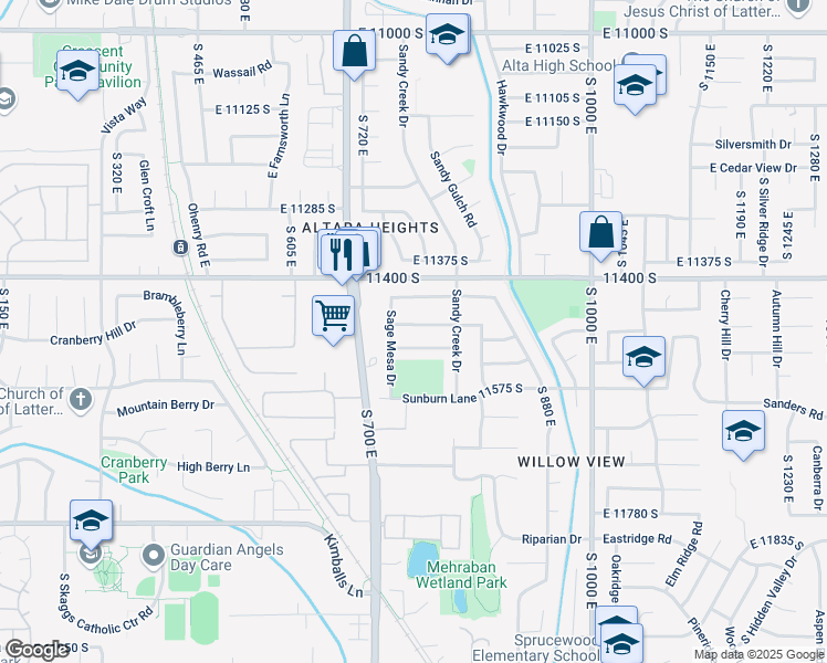 map of restaurants, bars, coffee shops, grocery stores, and more near 778 East Park Mesa Way in Sandy