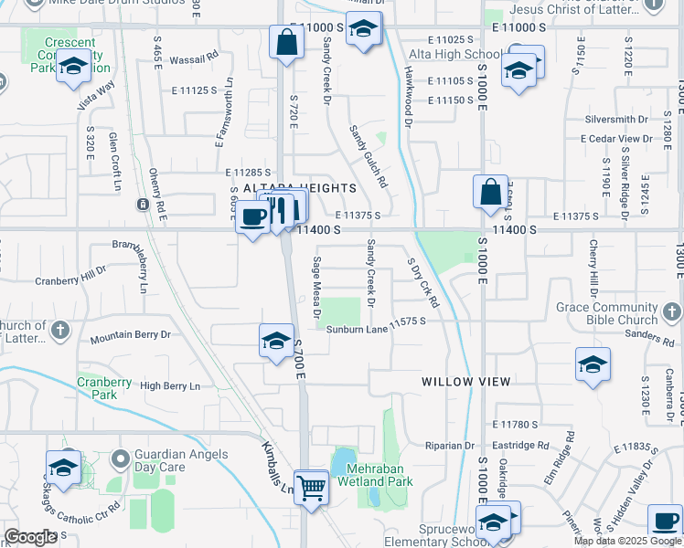 map of restaurants, bars, coffee shops, grocery stores, and more near 788 East Park Mesa Way in Sandy