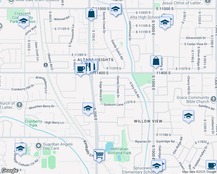 map of restaurants, bars, coffee shops, grocery stores, and more near 788 East Park Mesa Way in Sandy