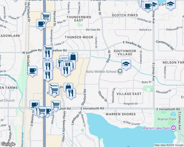 map of restaurants, bars, coffee shops, grocery stores, and more near 3424 Stanford Road in Fort Collins