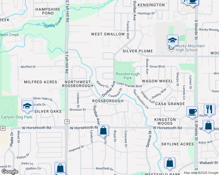 map of restaurants, bars, coffee shops, grocery stores, and more near 3354 Dunbar Avenue in Fort Collins