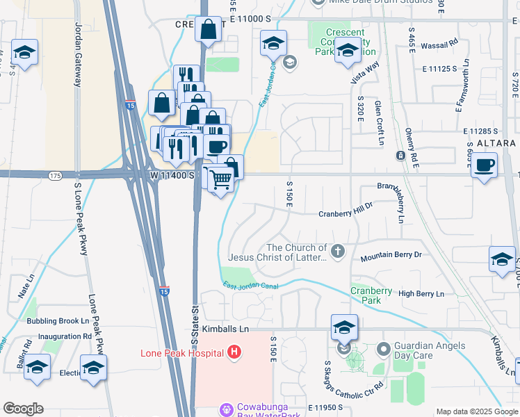 map of restaurants, bars, coffee shops, grocery stores, and more near 11521 Sweet Berry Drive in Draper