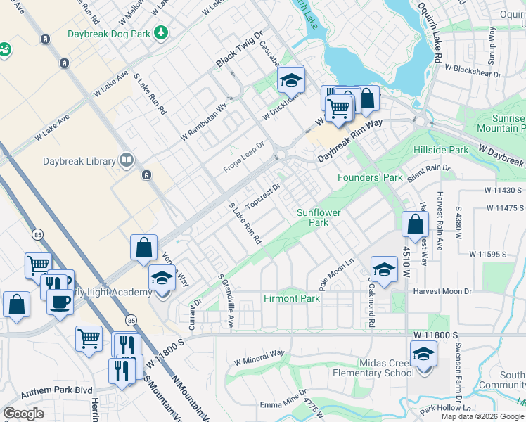 map of restaurants, bars, coffee shops, grocery stores, and more near 4848 Littlefield Lane in South Jordan