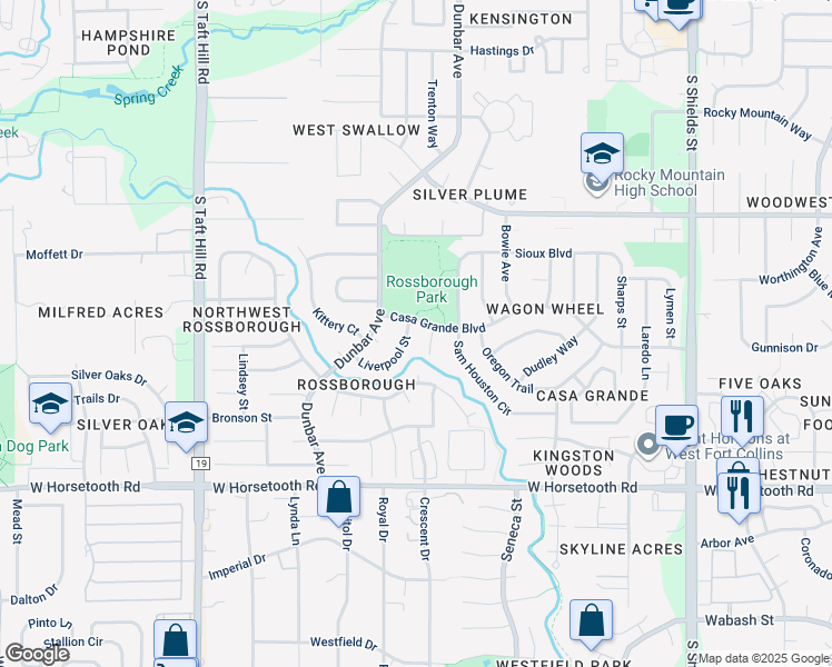 map of restaurants, bars, coffee shops, grocery stores, and more near 3319 Downing Court in Fort Collins